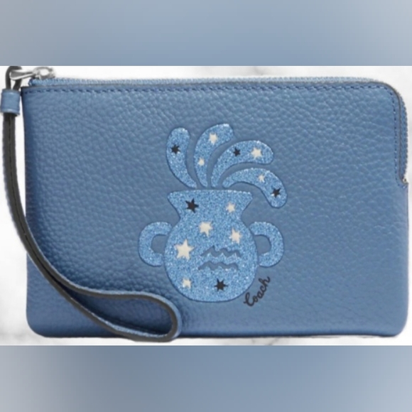 NWT Coach Corner Zip Wristlet Astrology Water Sign Aquarius Blue Leather Sparkle - Picture 2 of 5